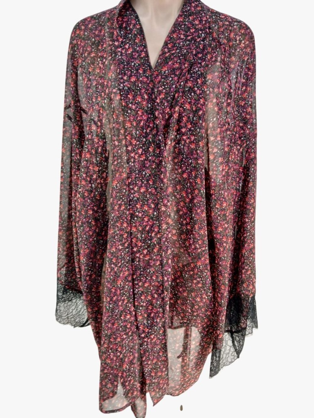 Cacique Floral Babydoll Nighty 4X Lingerie Sheer Lace Kimono Robe Black Red Flor - Picture 10 of 16